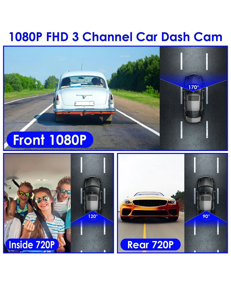 Neewer WiFi Fhd 1080P Car Dash Cam 3 Channels Front Rear Inside Dash Camera with Loop Recording Reversing Visual 170degree(s)