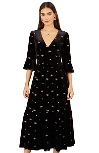 Yumi Women's Velvet Embroidered V-Neck Midi Dress