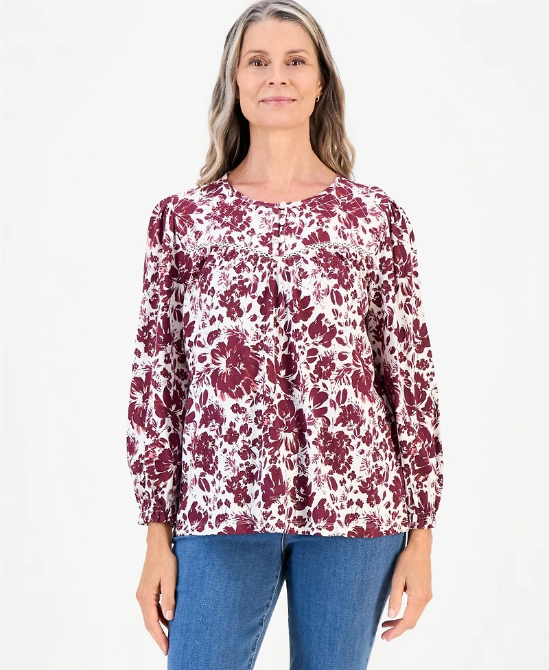 Style & Co Petite Quilted Yoke Long-Sleeve Floral Blouse, Macy's Exclusive