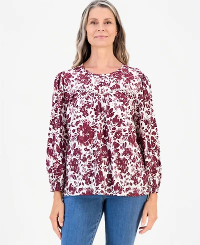 Style & Co Petite Quilted Yoke Long-Sleeve Floral Blouse, Macy's Exclusive