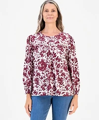 Style & Co Petite Quilted Yoke Long-Sleeve Floral Blouse, Macy's Exclusive