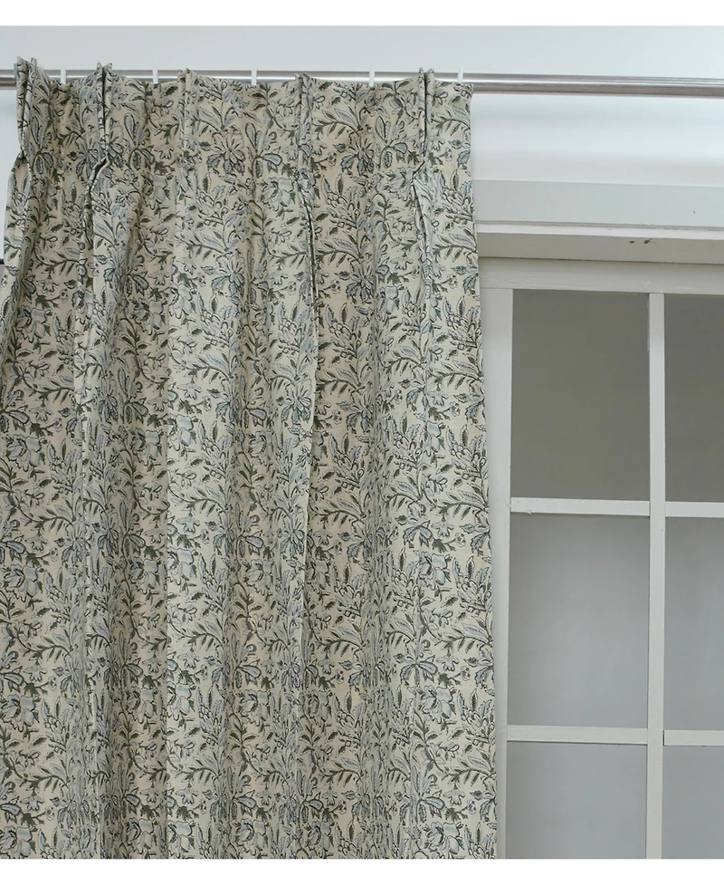 Fabdivine Handcrafted Floral Block Print Pleated Gray Linen Blend Ring Curtain