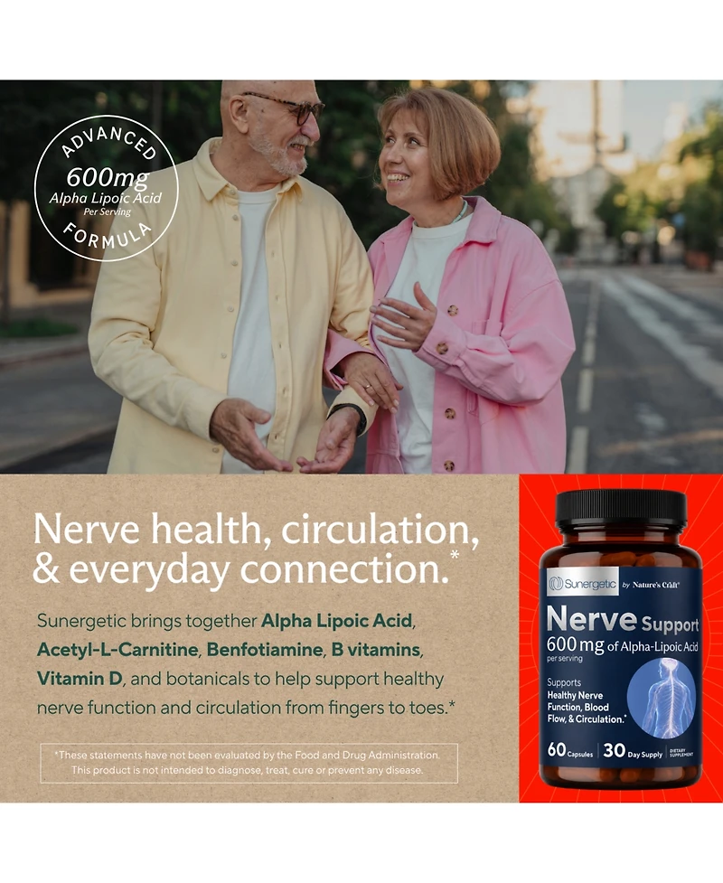 Sunergetic Nerve Support Capsules with Alpha Lipoic Acid, Benfotiamine and B Vitamins, Vegetarian, 60 Count