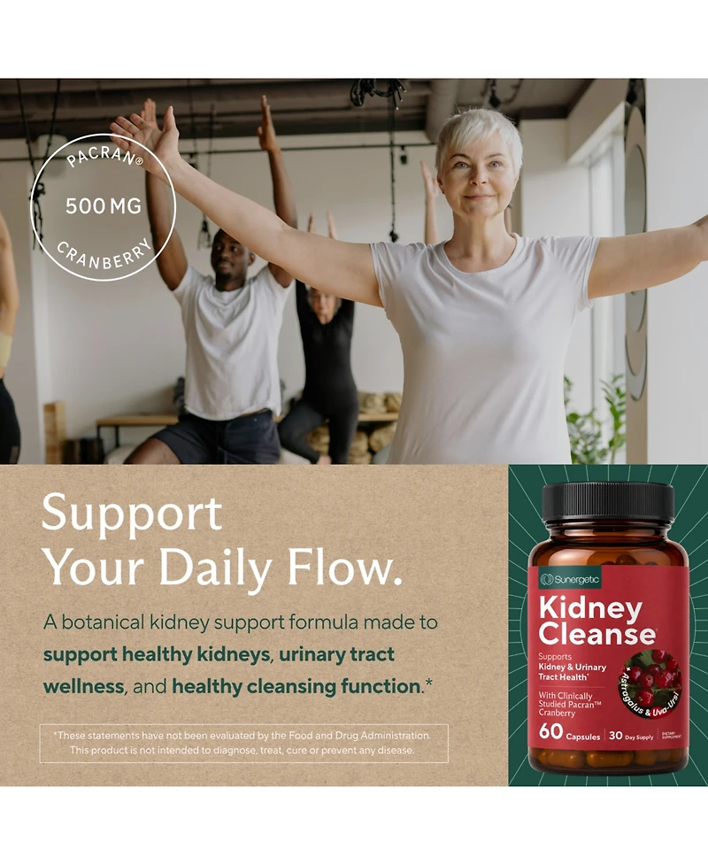 Sunergetic Kidney Cleanse Supplement with Pacran Cranberry, Astragalus and Herbal Blend for Kidney and Urinary Tract Support, 60 Capsules