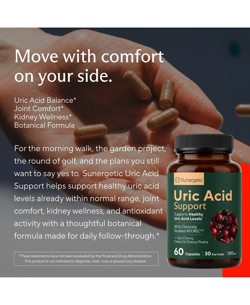 Sunergetic Uric Acid Support Supplement with Tart Cherry, Chanca Piedra and Turmeric, Uric Acid Cleanse and Kidney Support, 60 Capsules
