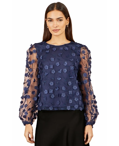 Yumi Women's Sheer Sleeve Applique Flower Top