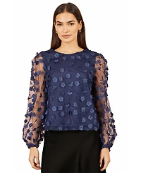 Yumi Women's Sheer Sleeve Applique Flower Top
