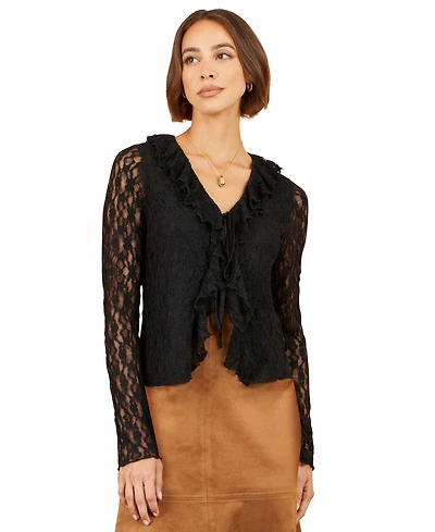Yumi Women's Ruffled Lace Tie Neck Top