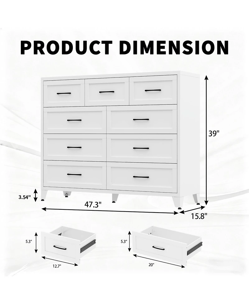 Rainsken 9-Drawer Dresser, Metal Profile Chest of Drawers, with Smooth Gliding Drawers, Storage Cabinet for Closet, for Bedroom,Living Room,Entryway