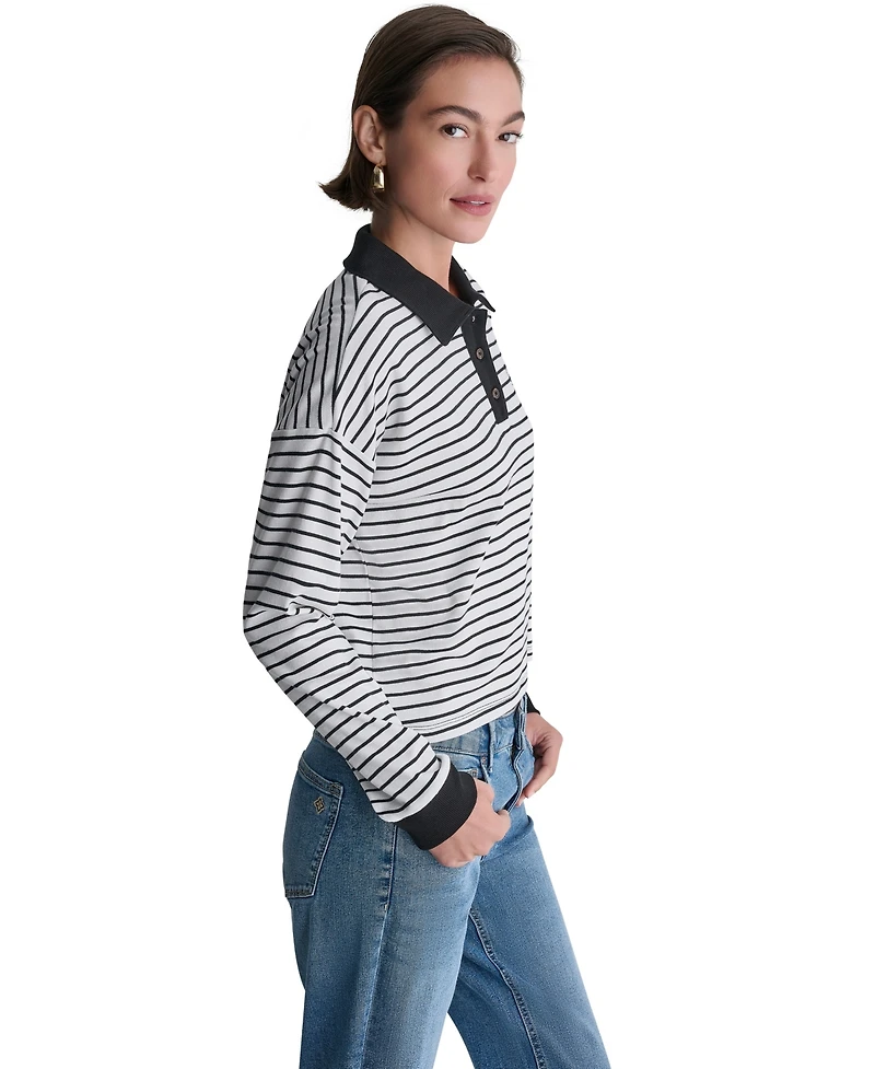 Bcbg Women's Long-Sleeve Striped Collared Polo Top