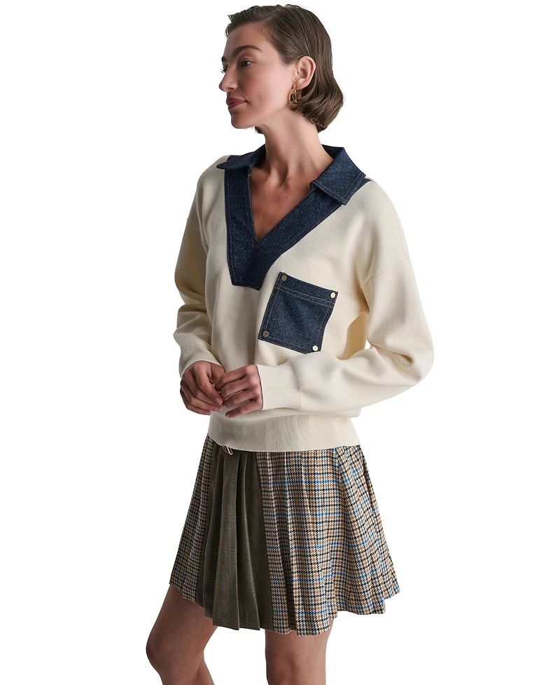Bcbg Women's Long-Sleeve Collared V-Neck Denim Trim Sweater
