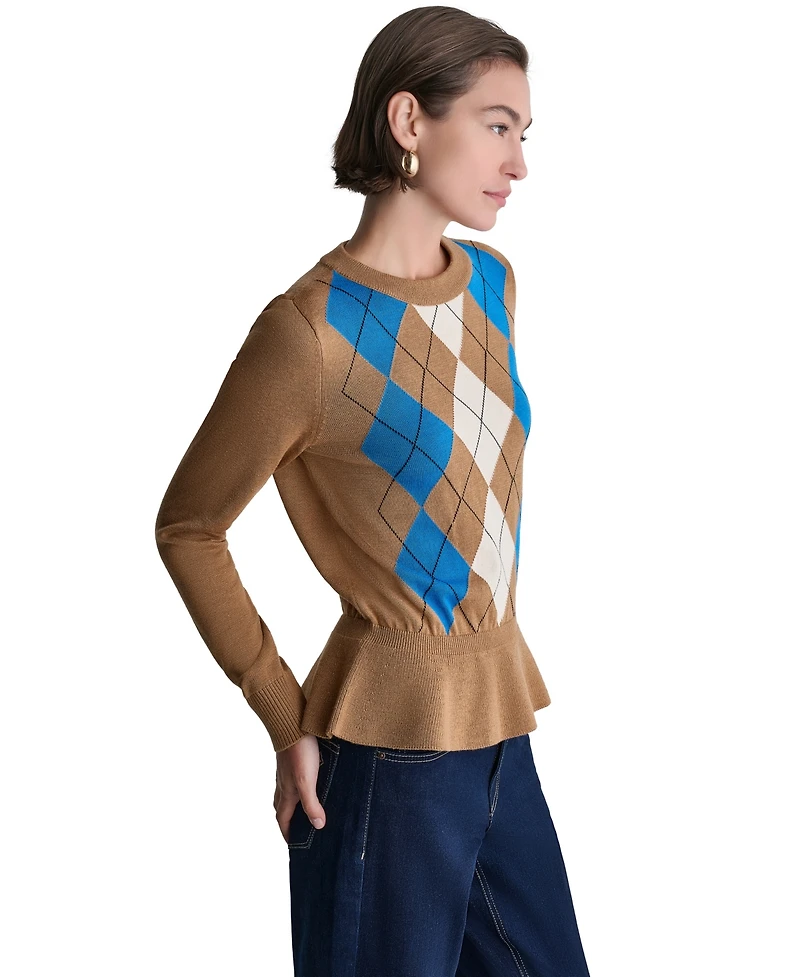 Bcbg Women's Long-Sleeve Crewneck Argyle Peplum Sweater