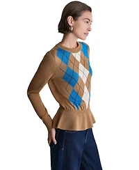 Bcbg Women's Long-Sleeve Crewneck Argyle Peplum Sweater
