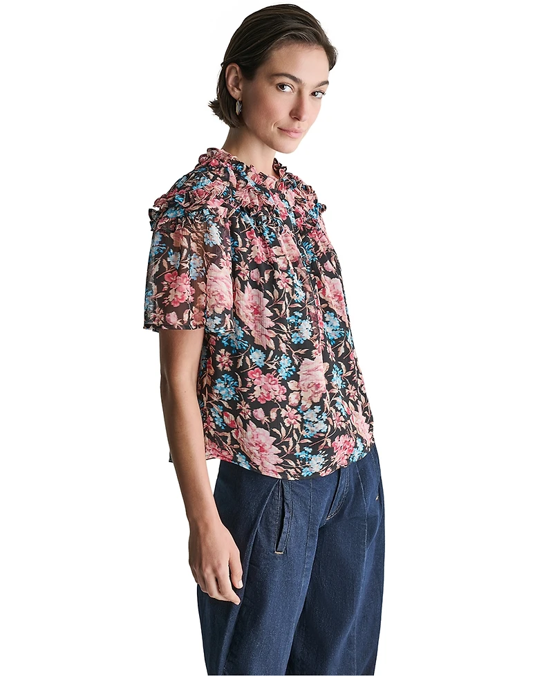 Bcbg Women's Printed Short-Sleeve Ruffle Detail Blouse