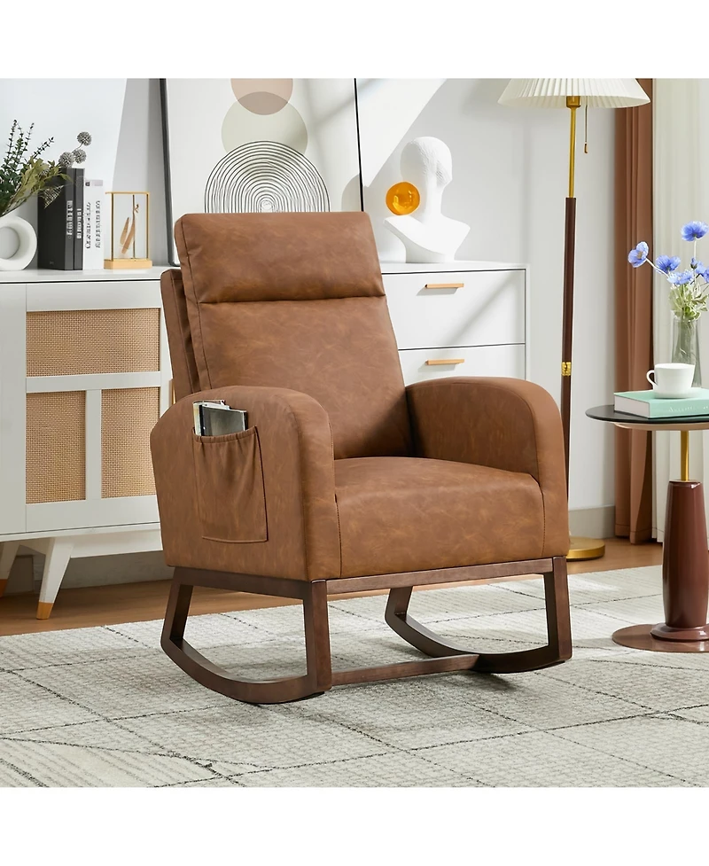 homfan Modern Hospitality Rocking Chair – Teddy Upholstery, High Back ,Armrest ,Wingback, Side Pockets Rubber Wood Legs for Restaurant or Office