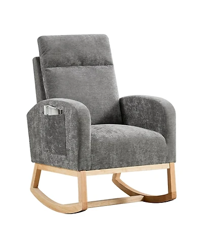 homfan Modern Hospitality Rocking Chair – Teddy Upholstery, High Back ,Armrest ,Wingback, Side Pockets Rubber Wood Legs for Restaurant or Office