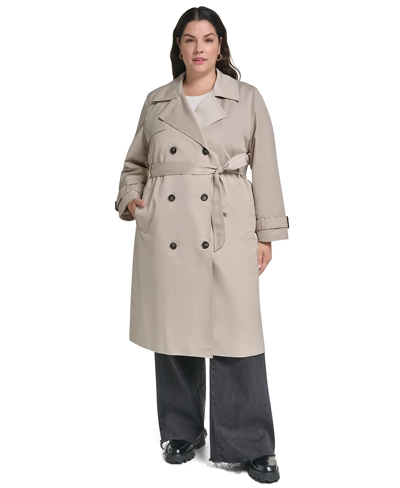 Dkny Women's Double Breasted Belted Trench with Hooded Bib Coat