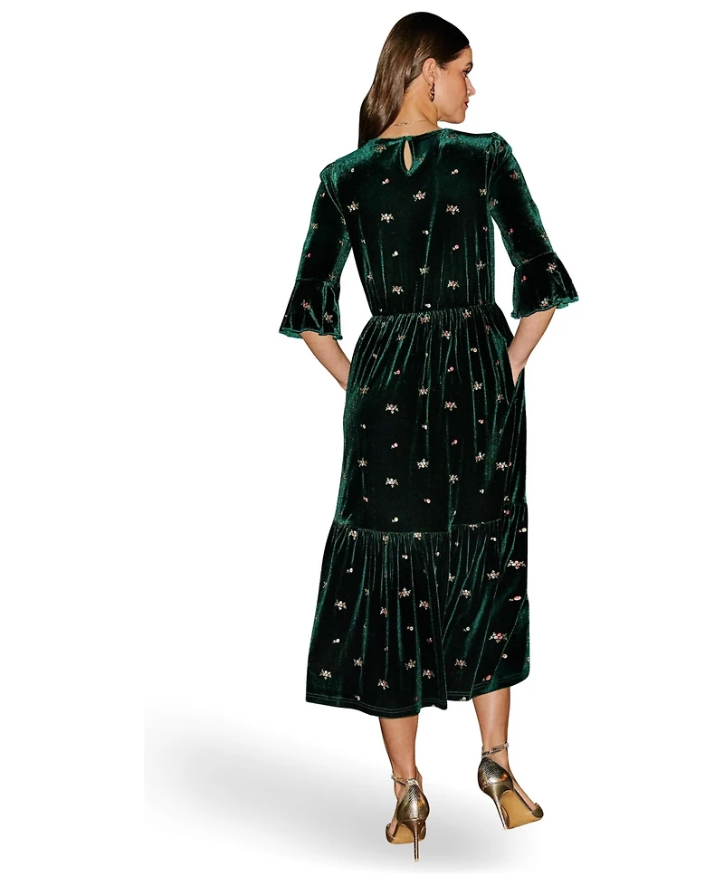 Yumi Women's Velvet Embroidered V-Neck Midi Dress