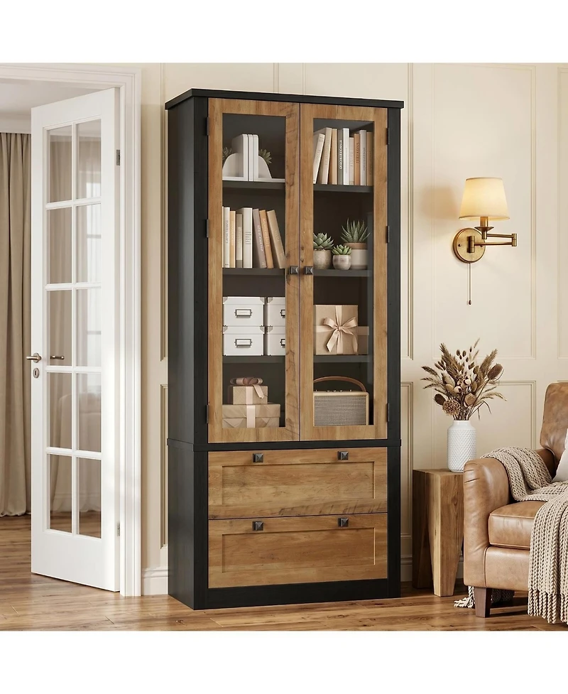 gaomon 72" Farmhouse Pantry Cabinet with Glass Doors, 2 Drawers & Adjustable Shelves