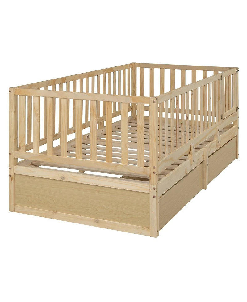 Streamdale Furniture Twin Wood Daybed With Drawers, Fence Rails, Floor Bed Option