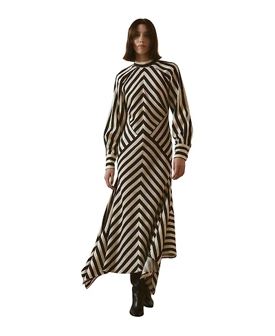 Karen Millen Women's Fluid Stripe Long-Sleeve Asymmetric-Hem Maxi Dress