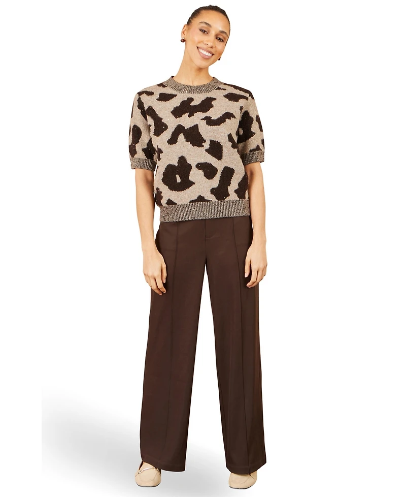 Yumi Women's Leopard Intarsia Short-Sleeve Sweater