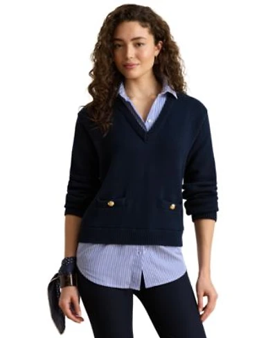 Lauren Ralph Lauren Womens Layered Button Trim V Neck Sweater