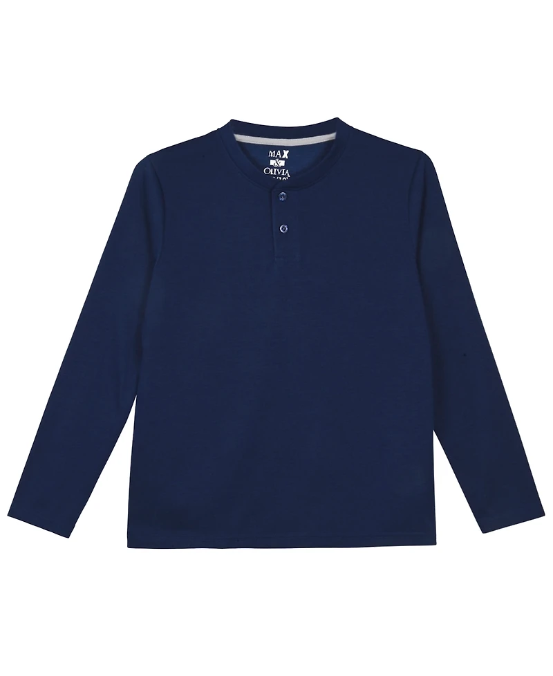 Max & Olivia Boys' 6-18 Henley Top and Navy Plaid Pants Pajama, 2-Piece Set