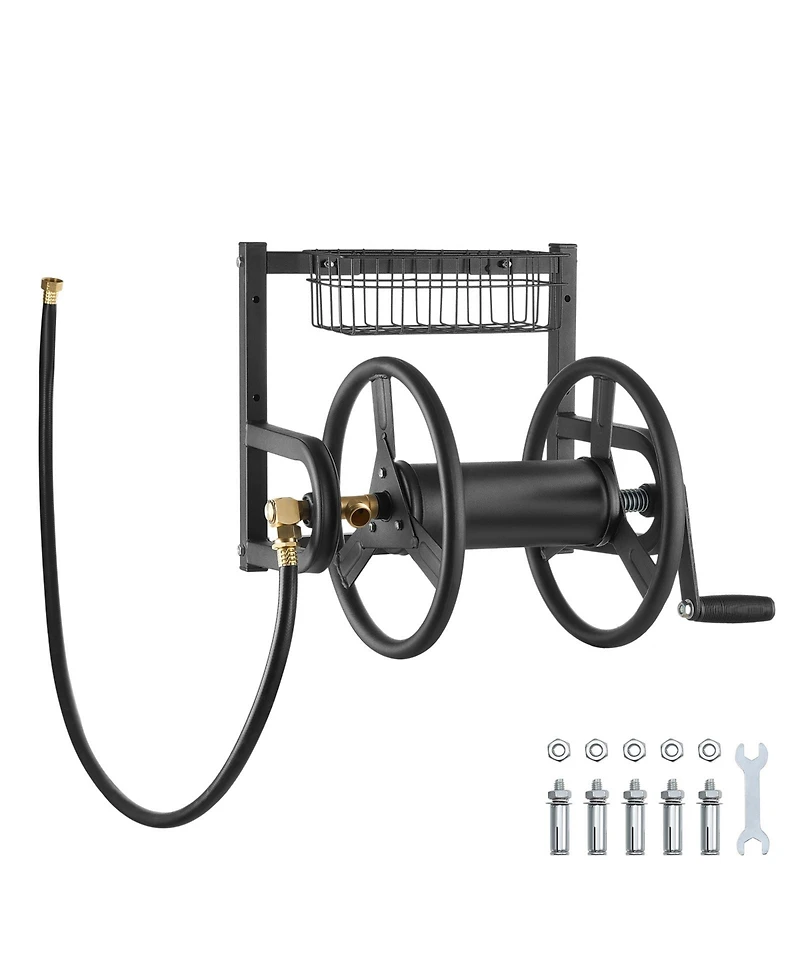 Vevor Wall Mounted Garden Hose Reel 125ft 5/8 in Hose Holder Brass Fitting and Basket