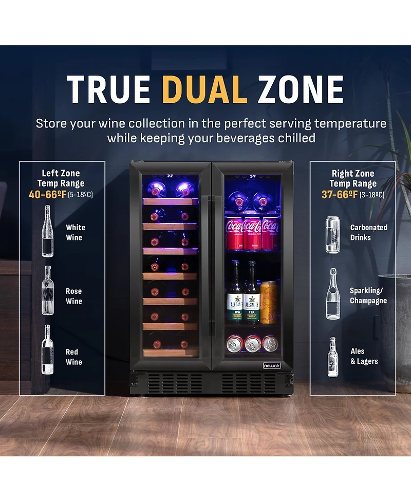 Newair Dual Zone 24 in. Built-In 20 Bottle and 78 Can Wine and Beverage Cooler with French Doors - Black Stainless Steel
