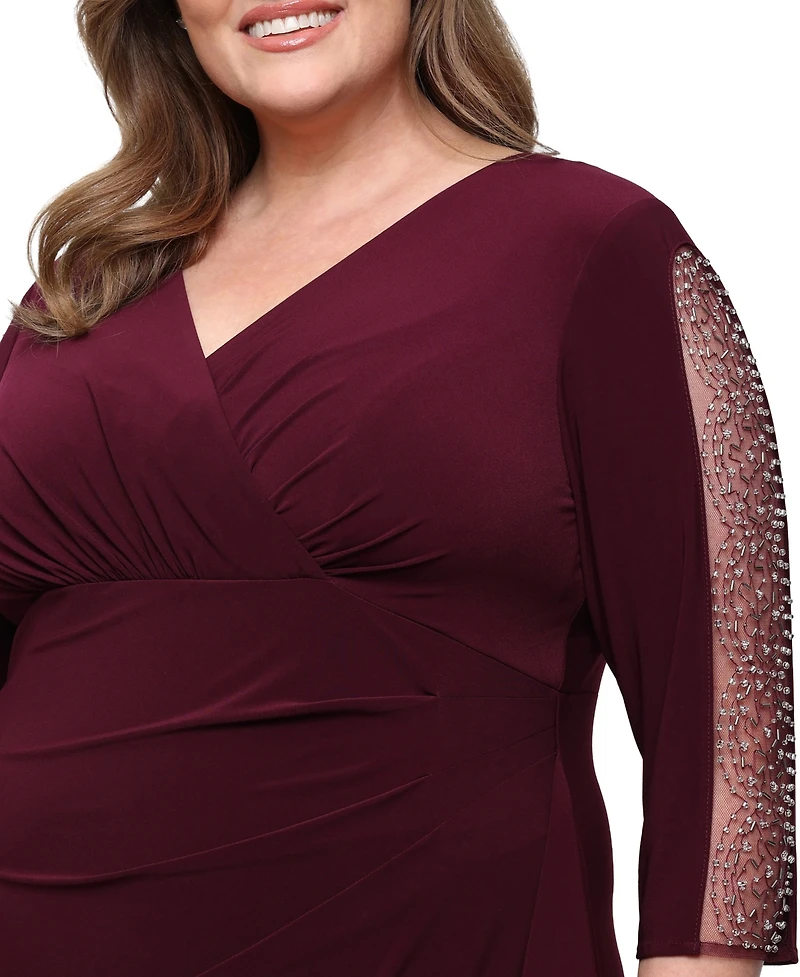 Sl Fashions Plus V-Neck Long-Sleeve Embellished Gown