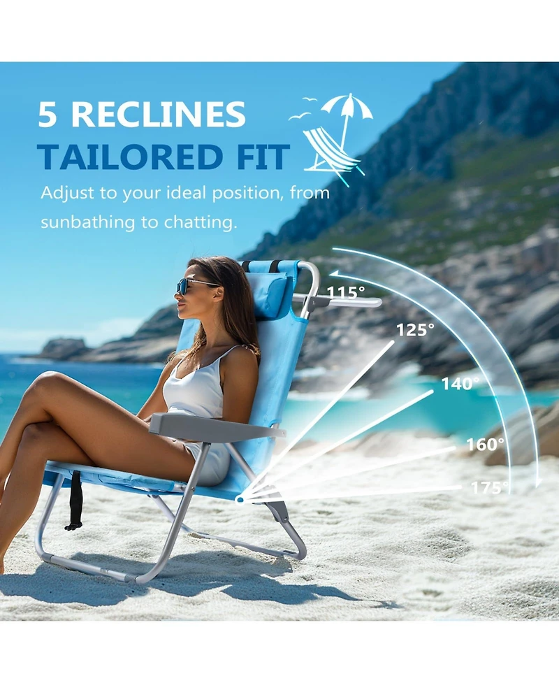 Aofar 2 Pack Beach Chairs Reclining Folding Portable Cup Holder Cooler Towel Bar outdoor