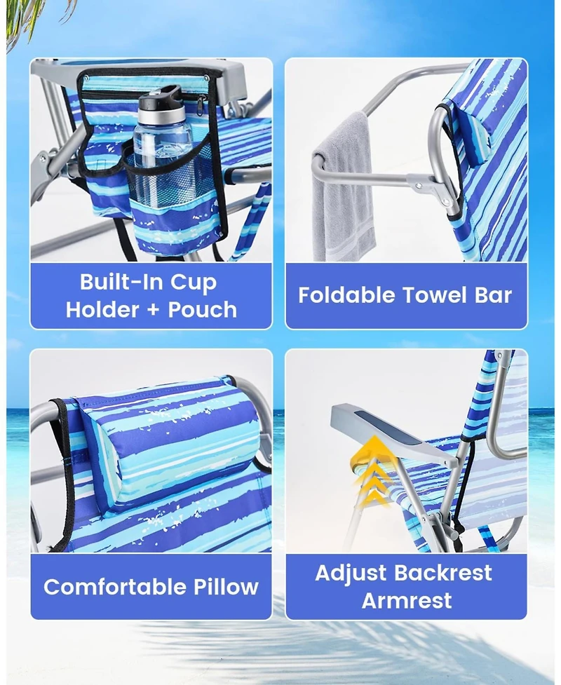Aofar Beach Chair Lay Flat Reclining Towel Bar Pouch Cup Holder