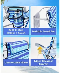 Aofar Beach Chair Lay Flat Reclining Towel Bar Pouch Cup Holder