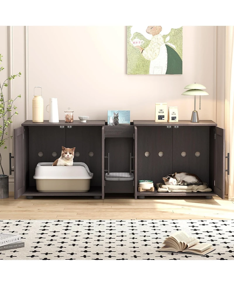 homfan Double Cat Litter Box Enclosure Furniture for 2 Cats, Hidden Wooden Cabinet with Dual Rooms, Barn Doors, Storage and Waterproof Surface