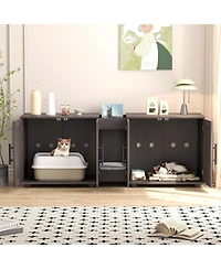 homfan Double Cat Litter Box Enclosure Furniture for 2 Cats, Hidden Wooden Cabinet with Dual Rooms, Barn Doors, Storage and Waterproof Surface