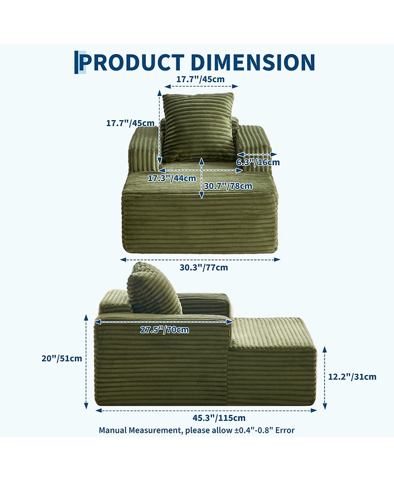 gaomon 45'' Indoor Chaise Lounge Chair Corduroy Cloud Single Couch Sofa with Deep Seat and Armrests Comfy Reading Chair Sleeper Bed