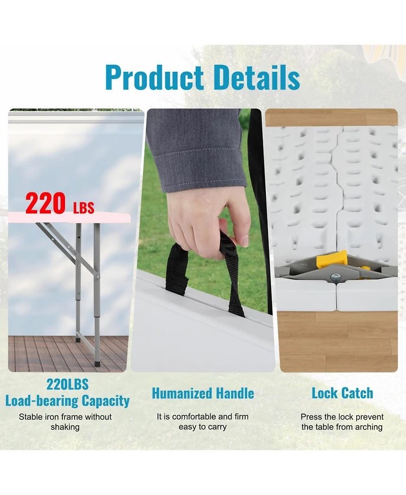 Aofar 4 Feet Folding Table Portable Plastic Steel Frame Lock Carry Handle Events Camping Outdoor