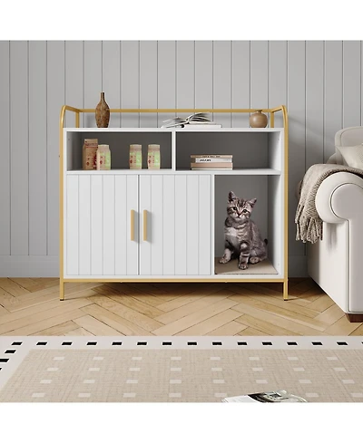 homfan 37.4'' Litter Box Enclosure Hidden Bathroom Cabinet with Side Entry Wooden House and Indoor Pet Crate Decorative End Table
