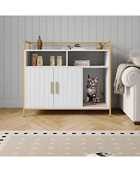 homfan 37.4'' Litter Box Enclosure Hidden Bathroom Cabinet with Side Entry Wooden House and Indoor Pet Crate Decorative End Table