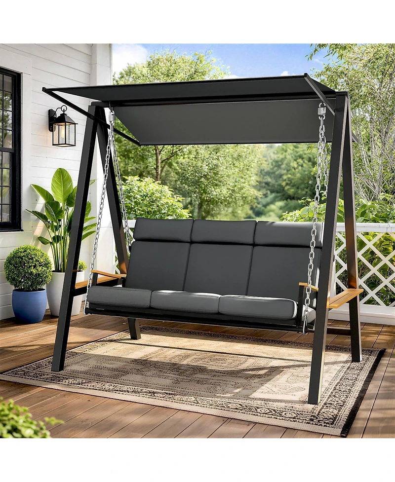 Pamapic 3 Person Porch Swing with Thick Cushions, Adaptive Pillow and Adjustable Canopy