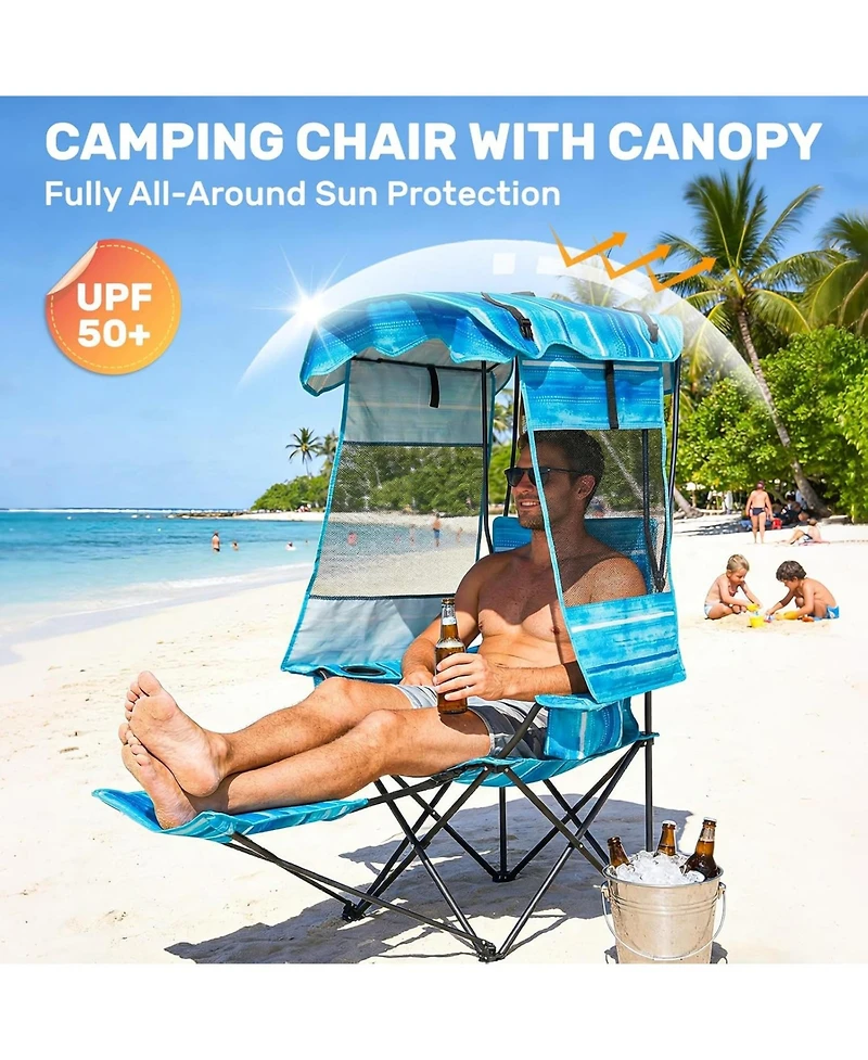 Mooncool Folding Beach Chair Camping with Canopy Shade and Foot Rest Cooler Bag Cup Holder Outdoor