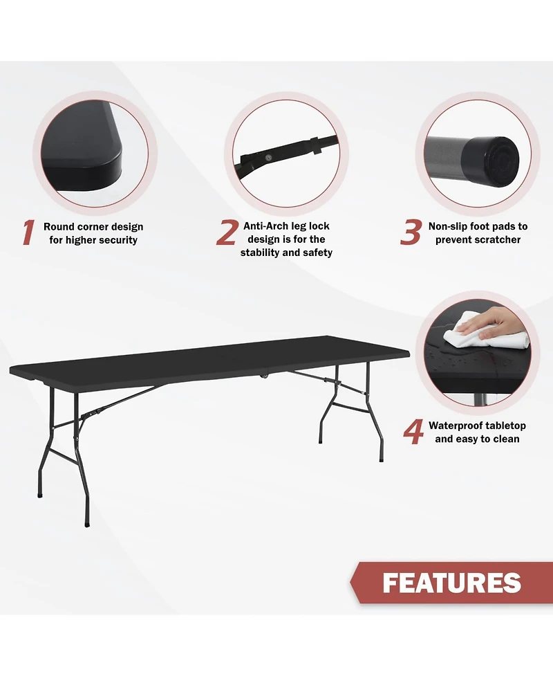 Aofar 8 Feet Folding Table Portable Plastic Steel Frame Lock Handle Events Camping Indoor Outdoor