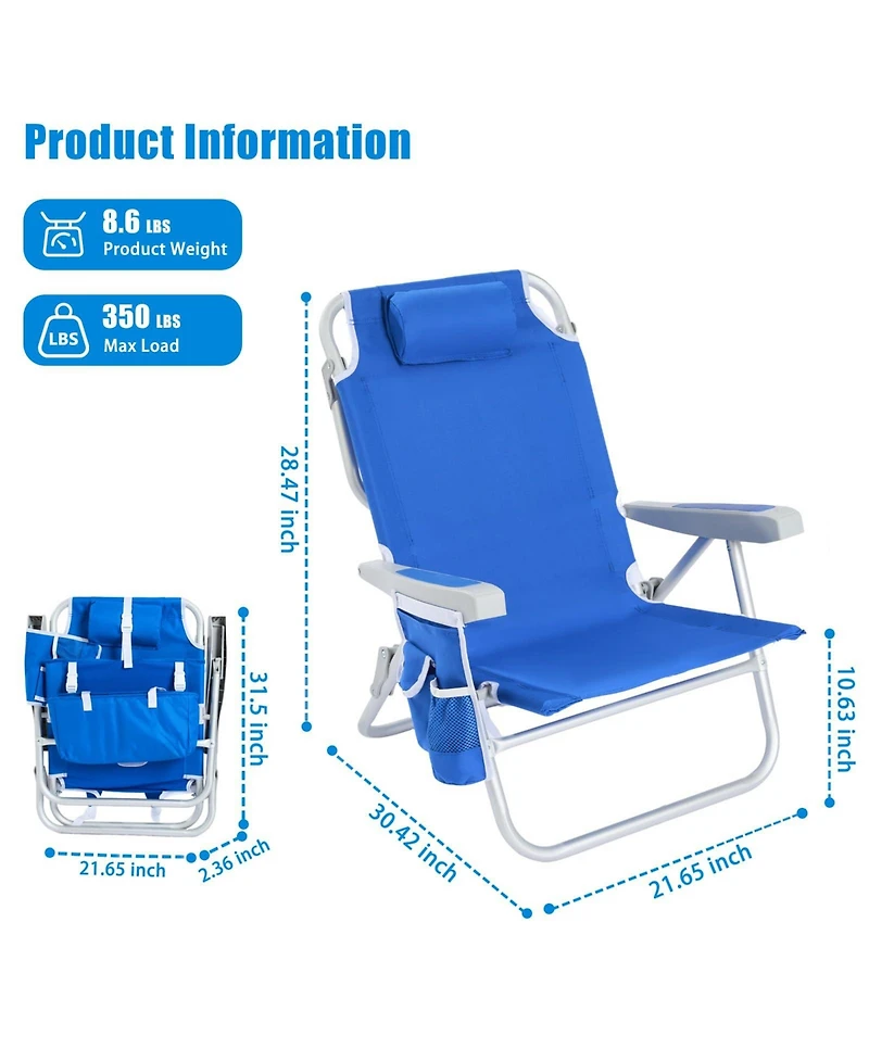 Aofar Low Beach Chair Lay Flat Reclining Cooler Cup Holder Folding Heavy Duty