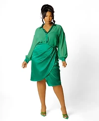 Buxom Couture Plus Chiffon Blouse and Wrapped Satin Skirt Set