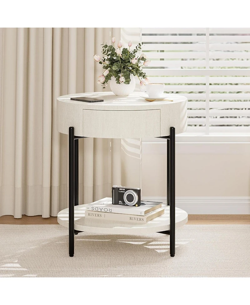 Round Farmhouse End Table with Drawer, Wood-Grain Top and Metal Legs, Vintage Nightstand,White
