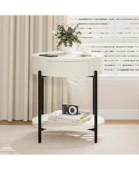 Round Farmhouse End Table with Drawer, Wood-Grain Top and Metal Legs, Vintage Nightstand,White