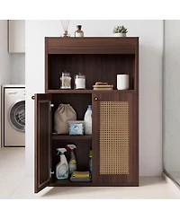 Phying 2 Rattan Doors Freestanding Bathroom Cabinet Adjustable Shelf Floor Storage Organizer with Open Shelving for Home Bathroom Hallway Living Room