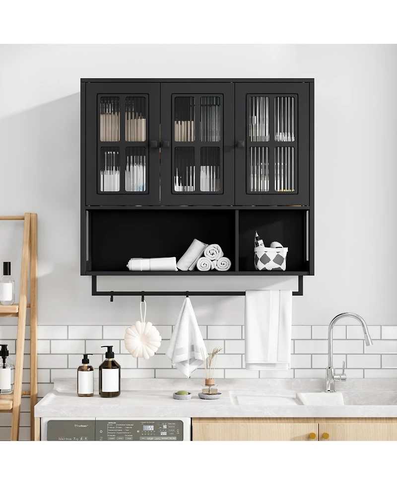 Phying 3-Door Wooden Wall Cabinet Multipurpose Medicine Cabinet Hidden Storage Space Wall Mounted Organizer for Bathroom Entryway Living Room