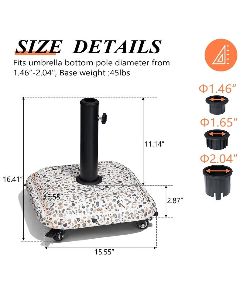 Pellebant Outdoor Patio Square Umbrella Base Stand Concrete-cobble Finish Swivel Wheels Adjustable Knob